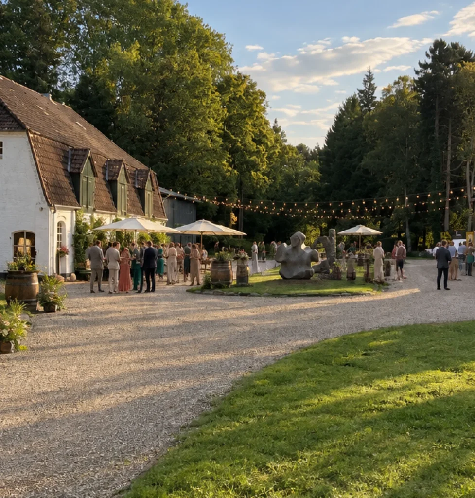 Guests at a summer party at Gut Seehof, Hof Bissee's new event venue, with fairy lights and parasols