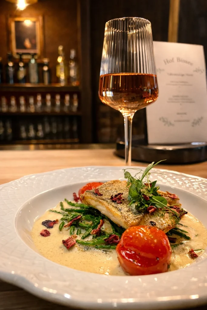 Fish dish with vegetables and a glass of rosé in front of the wine list at the Hof Bissee restaurant