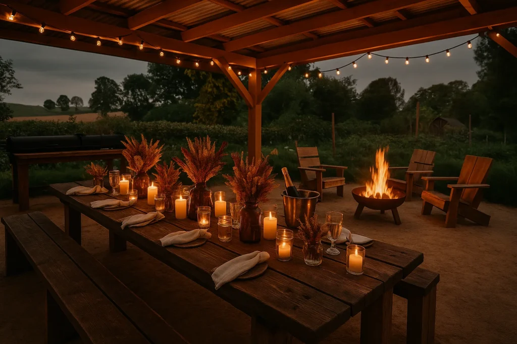 Evening BBQ table with candles and a fire bowl under the canopy at the Farmhouse, Hof Bissee
