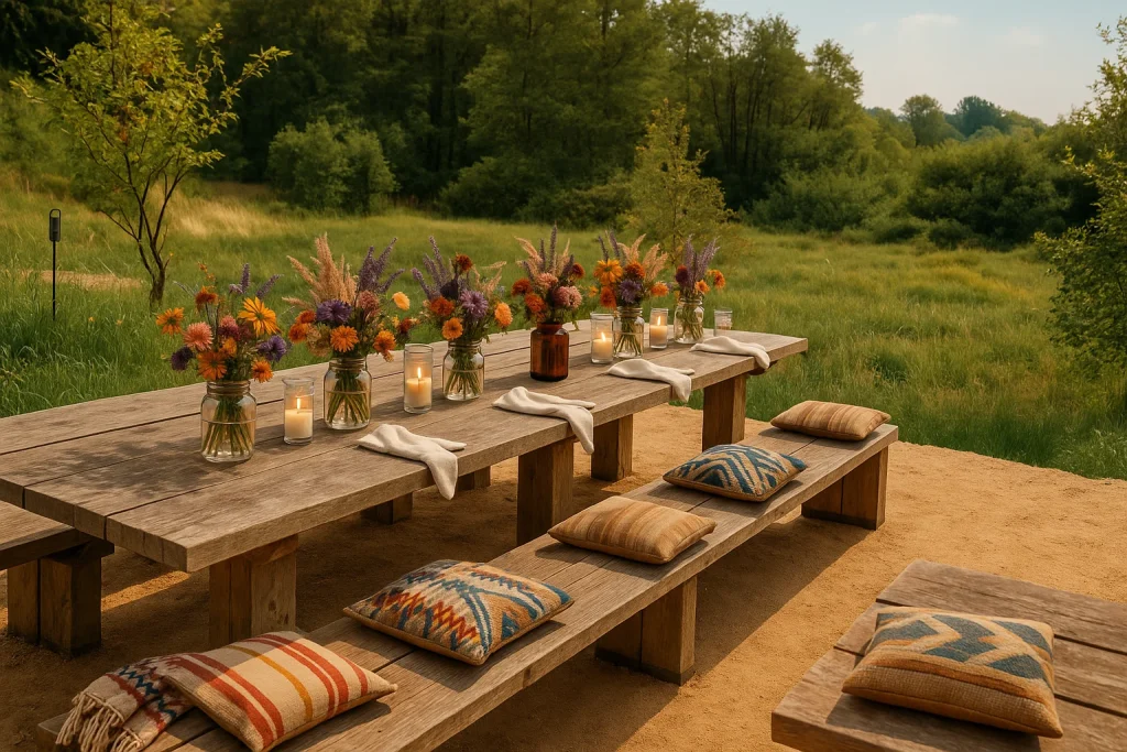 Birthday table laid at the BBQ area River in the countryside, Hof Bissee