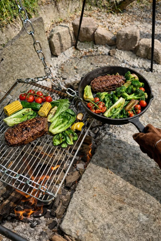 Corporate events & conferences: Grilled meat and vegetables on the fire grate, Hof Bissee