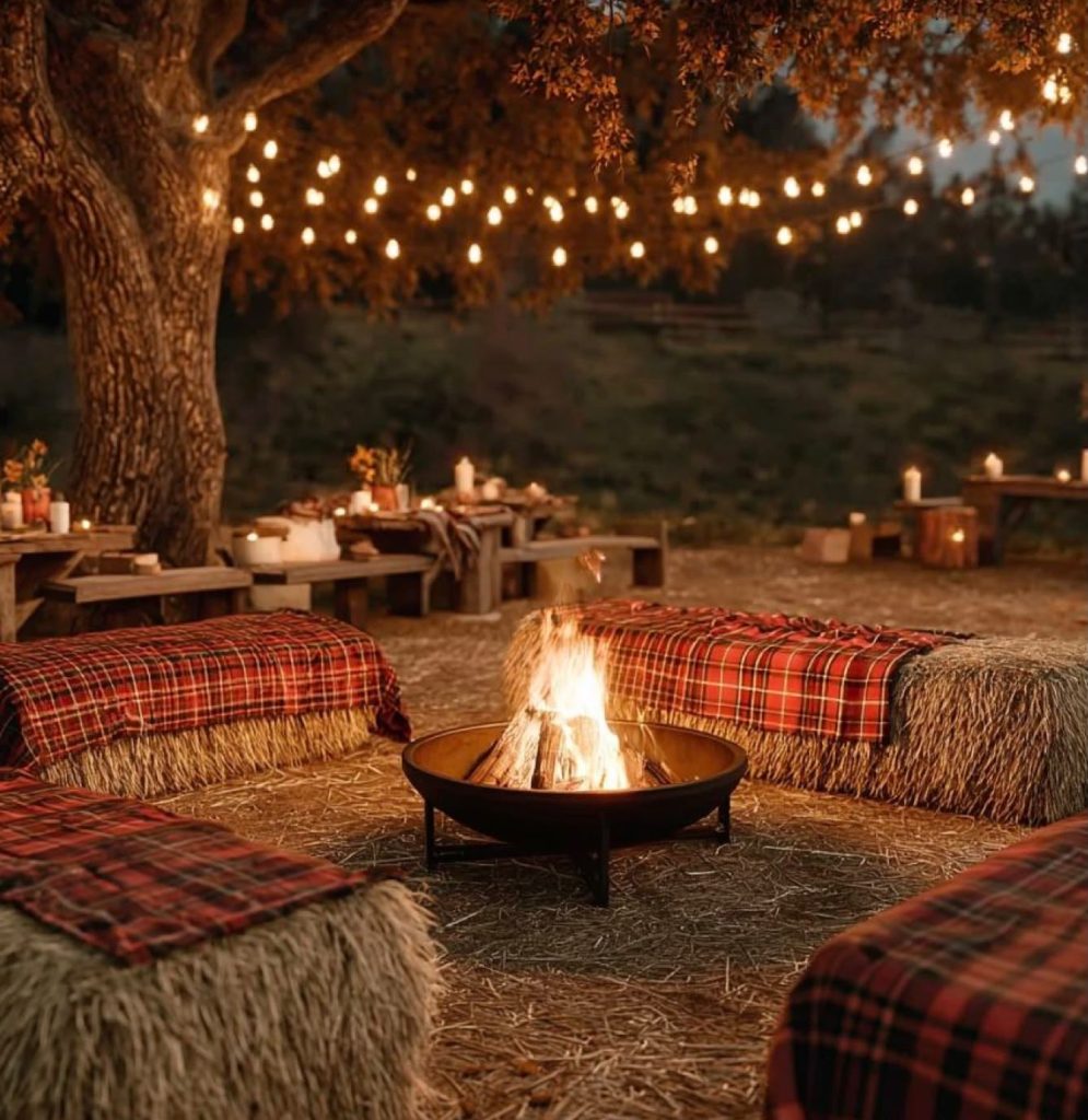 Secret Garden: Lounge with straw bales and a fire bowl under fairy lights, Hof Bissee