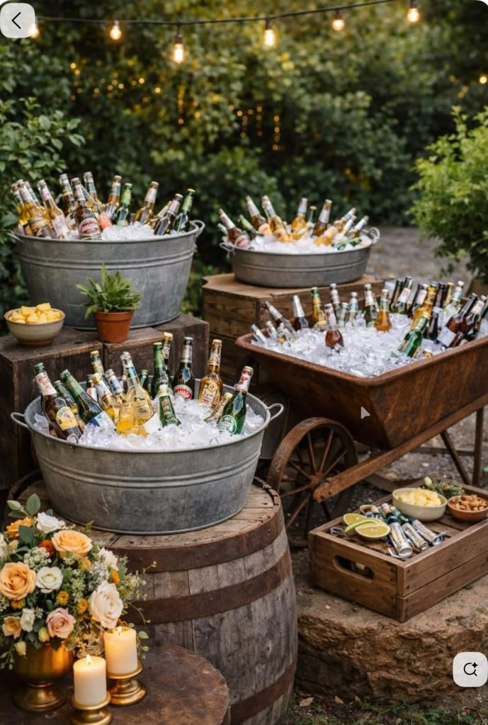 Secret Garden: Drinks bar with cooling tubs and wine barrels, Hof Bissee