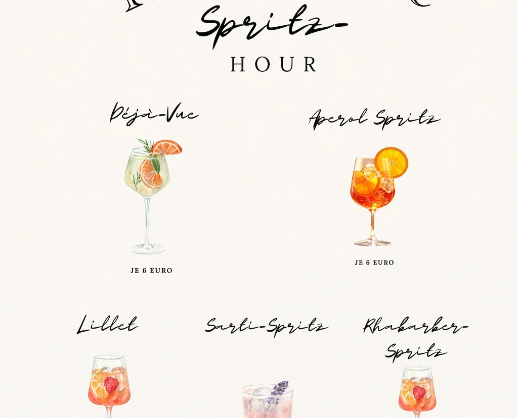 Spritz Hour menu at the Hof Bissee restaurant: Déjà-Vue, Aperol Spritz, Lillet, Sarti Spritz and Rhubarb Spritz, 6 euros each
