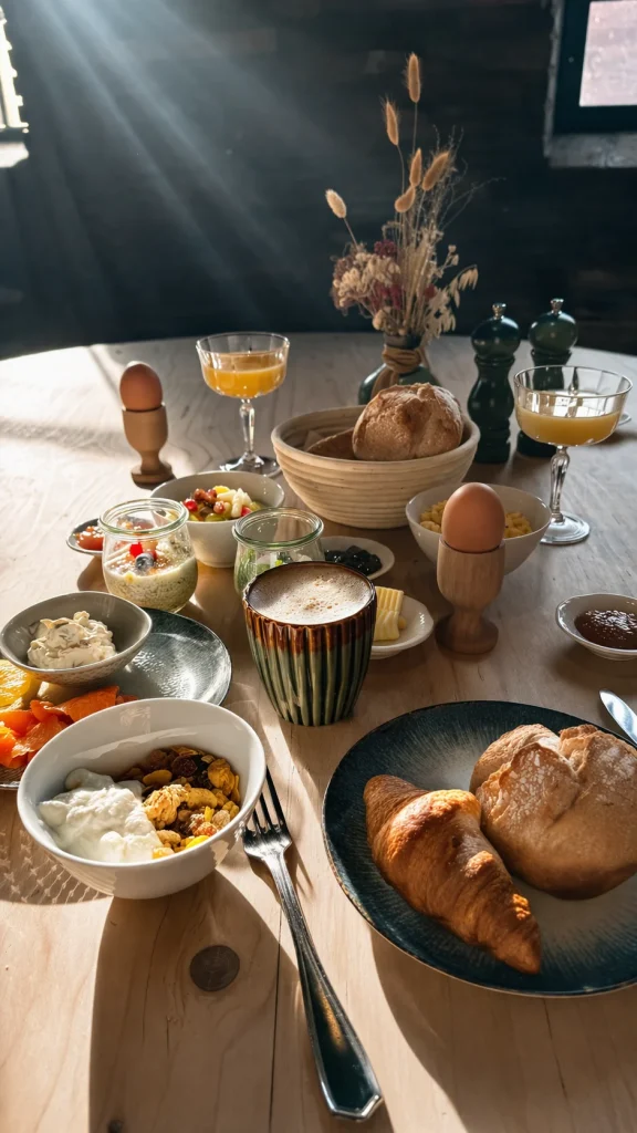 Breakfast table laid in the Hof Bissee restaurant with croissants, bread rolls, eggs, muesli and coffee