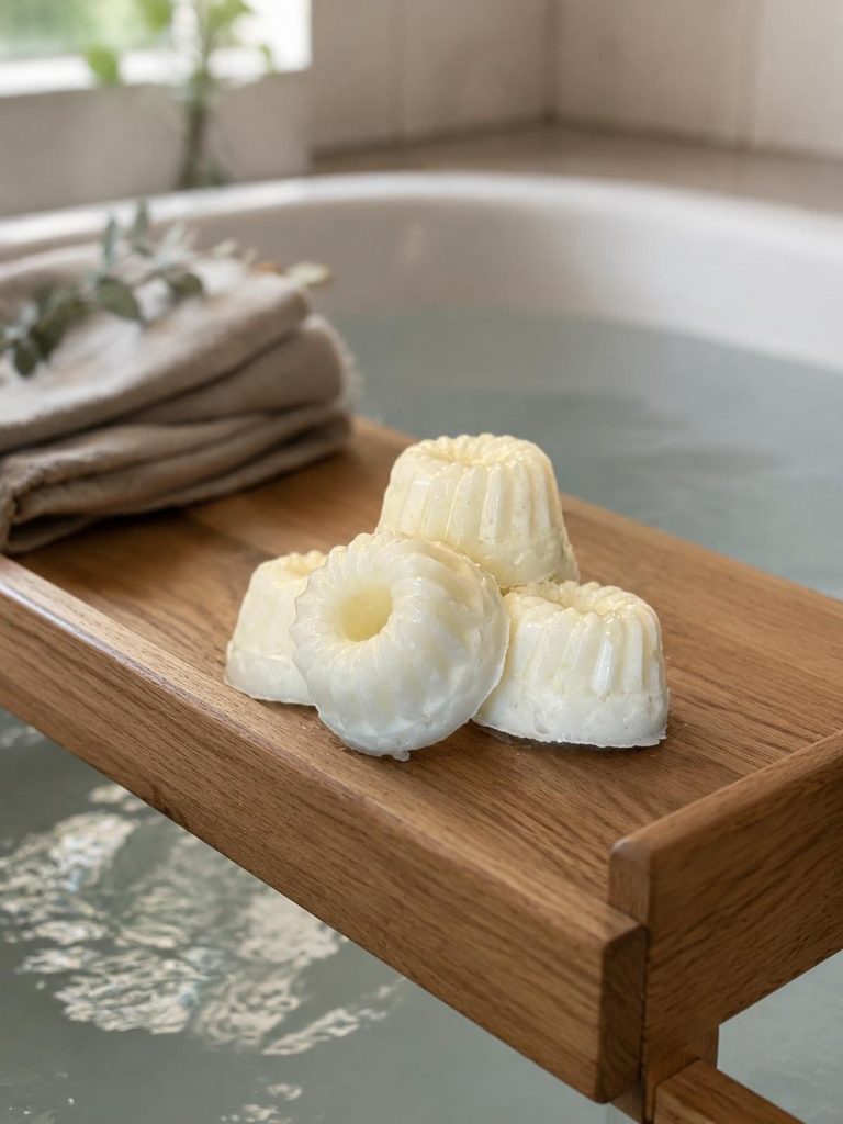 Oil workshop: Homemade bath melts on the edge of the bathtub, Hof Bissee