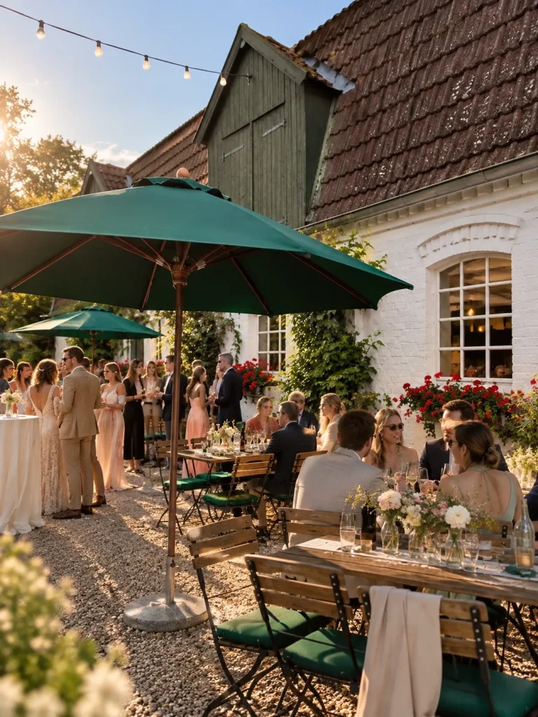 Corporate events & conferences: Guests on the terrace with green parasols, Hof Bissee