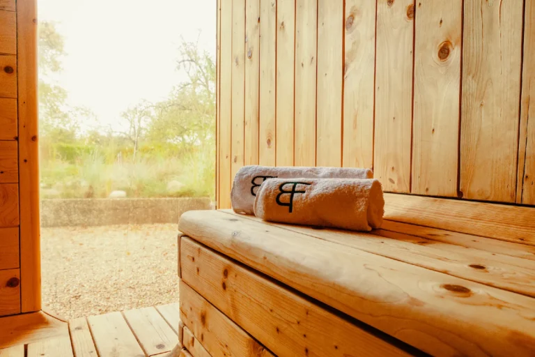 Farmhouse Spa: Sauna bench with towels and a view outside, Hof Bissee