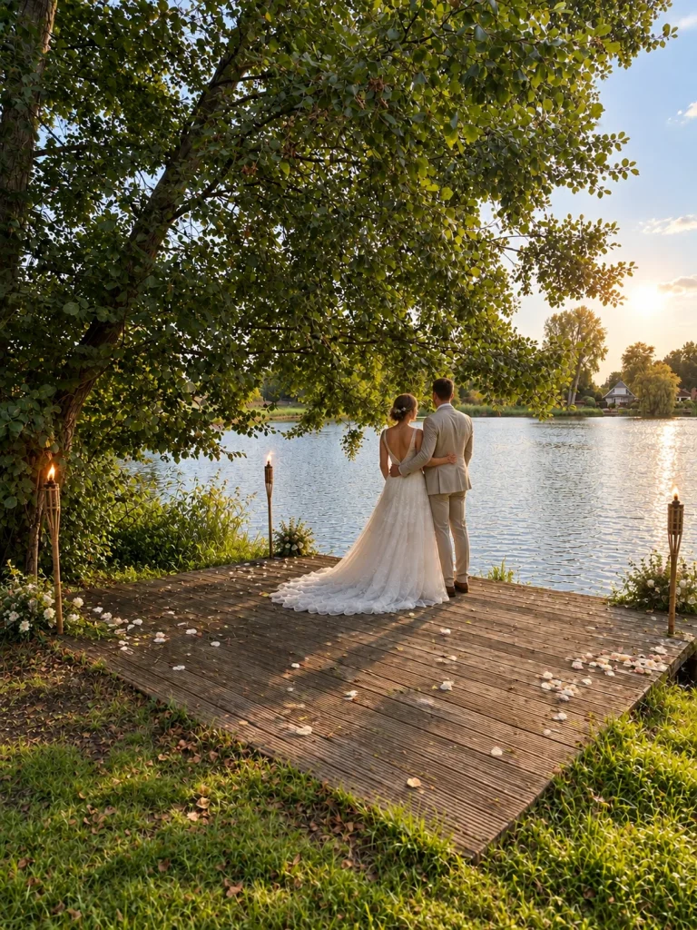 Gut Seehof: Bride and groom on the jetty by the lake, Hof Bissee