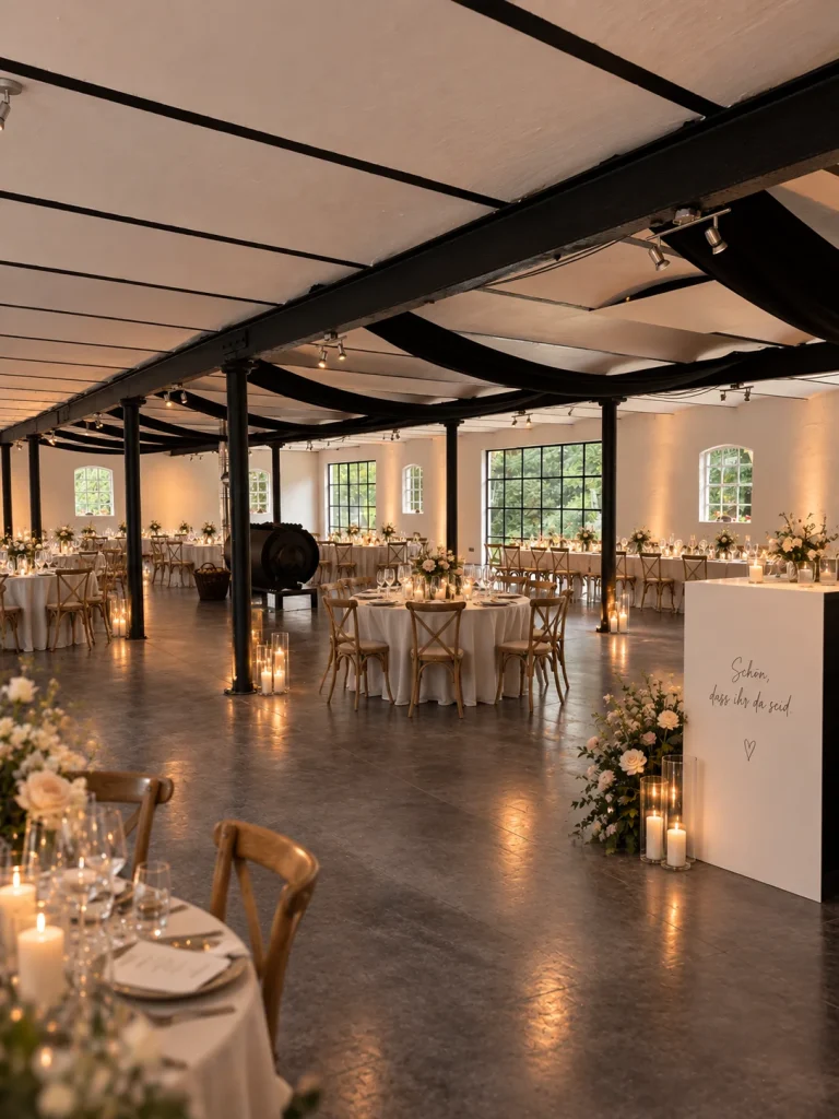 Gut Seehof: Banquet hall with laid round tables, Hof Bissee