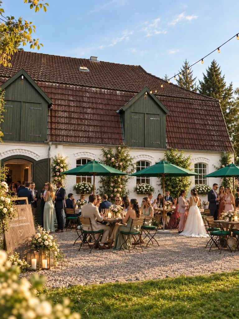 Gut Seehof: Wedding party in front of the manor house, Hof Bissee