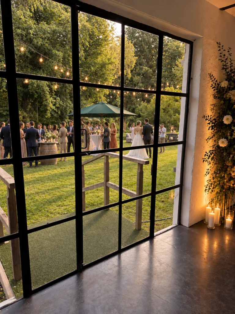 Gut Seehof: View through the lattice windows onto the celebration in the garden, Hof Bissee