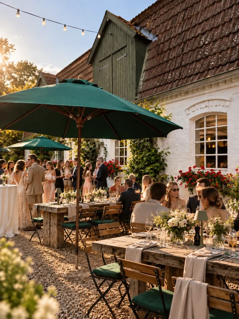 Gut Seehof: Guests at long tables under green parasols, Hof Bissee
