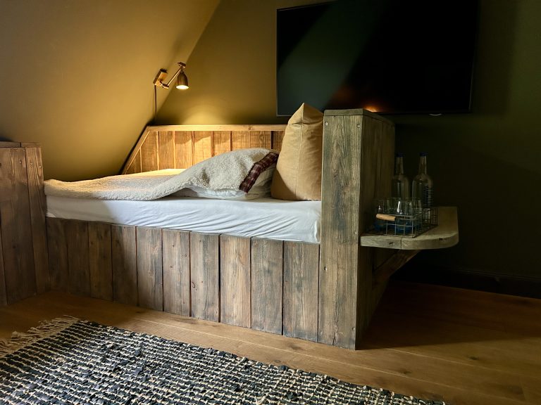 Room No.8: Wooden bed with shelf, Hof Bissee