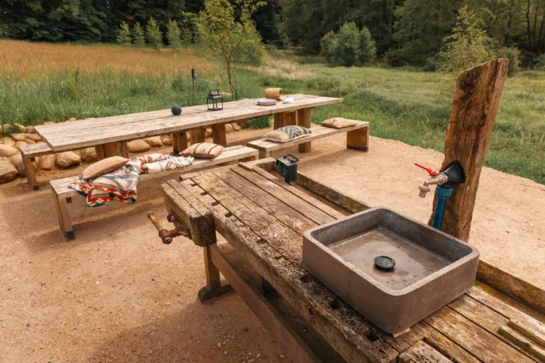 BBQ area River: Washing-up area and long table on the sandy area, Hof Bissee