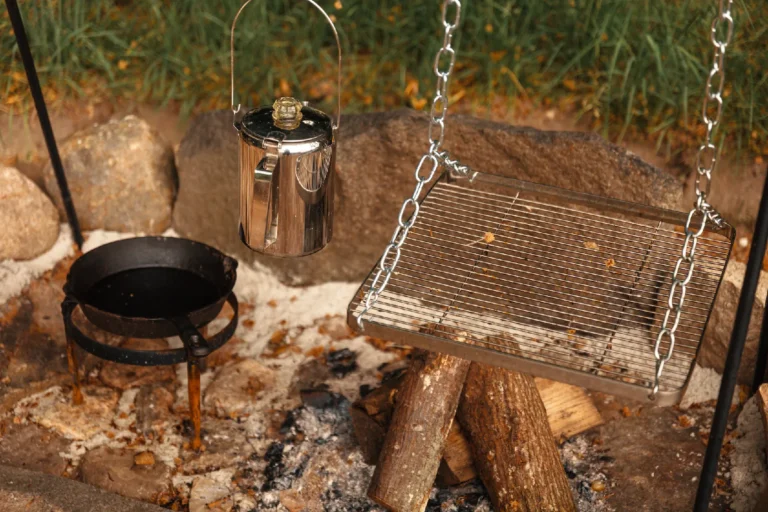 BBQ area Forrest: Swing grill and cauldron above the embers, Hof Bissee