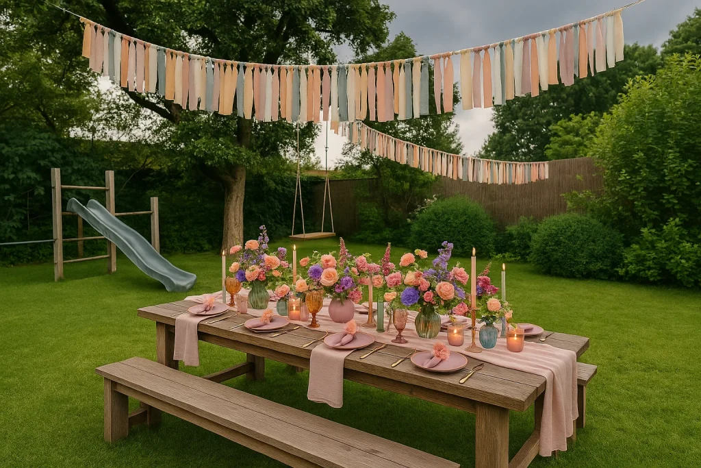 Festively laid table for a children's birthday party at the playground at Hof Bissee