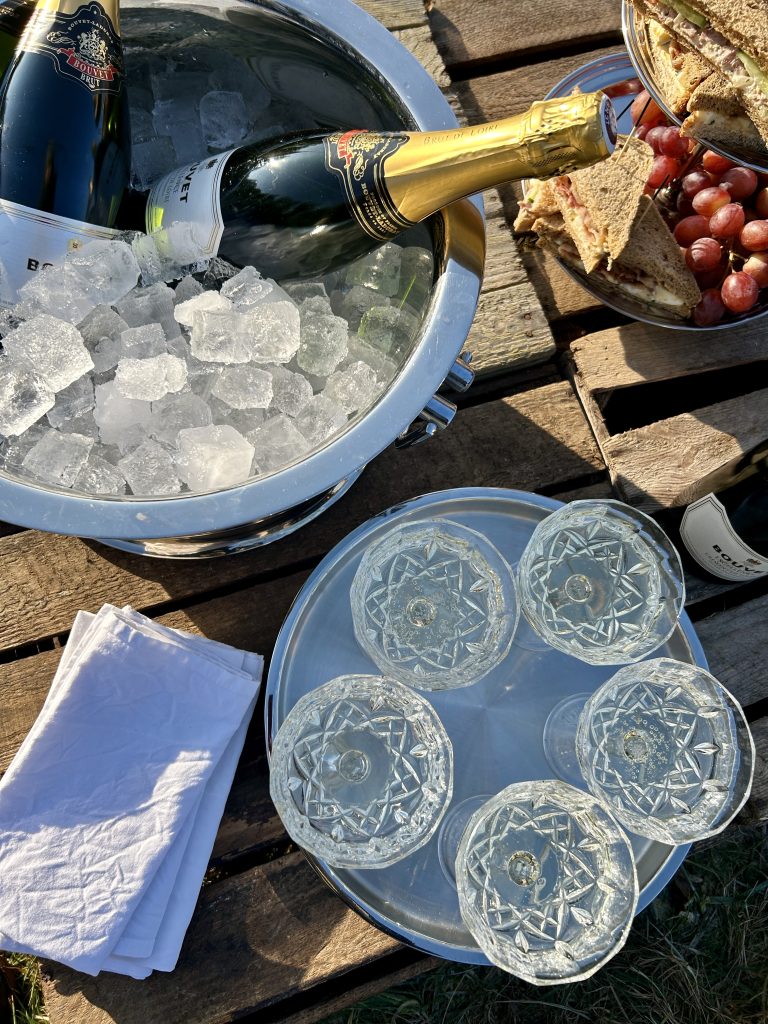 Corporate events & conferences: Sparkling wine and glasses on the wooden table, Hof Bissee
