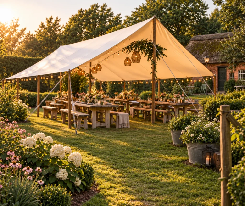 Secret Garden: Marquee with laid tables in the garden, Hof Bissee